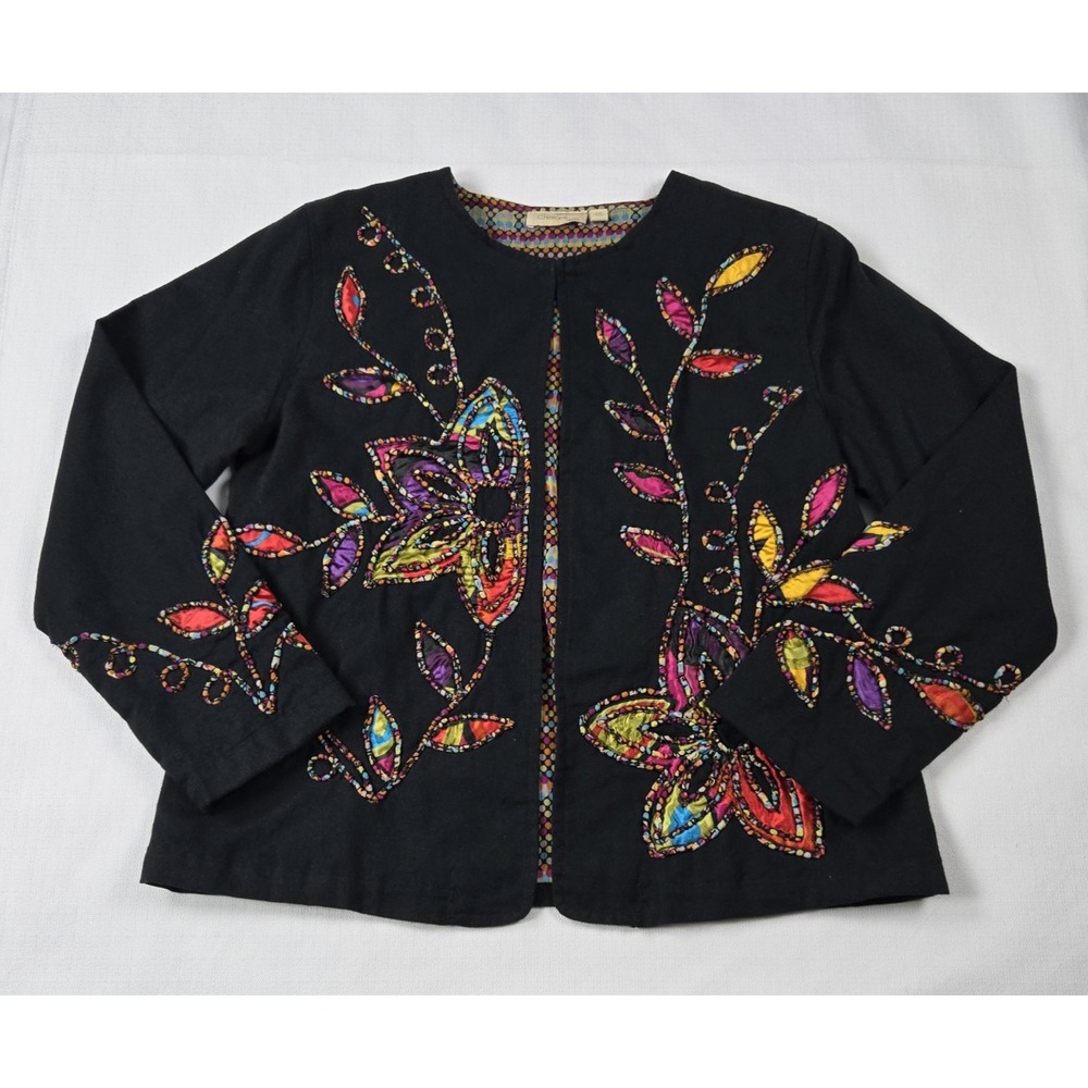Choices Petite Women's Lightweight Open Jacket Colorful‎ Floral on Black Size MP